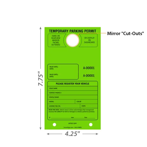 Vista 4 de SmartSign Etiqueta colgante de espejo "Permiso de estacionamiento temporal" Paquete de 50 Verde fluorescente Cartulina de 7.75 x 4.25 pulgadas