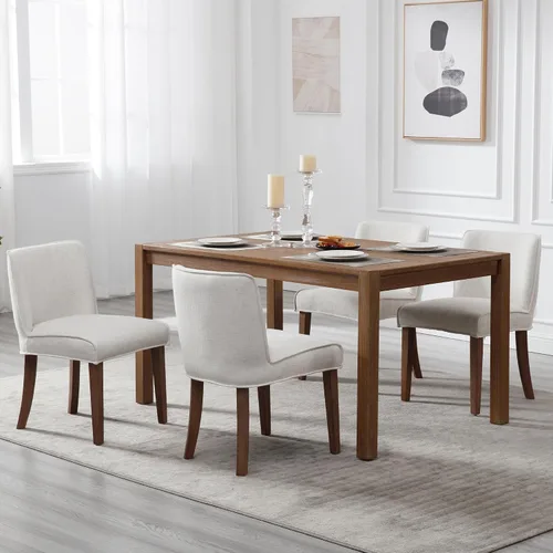 Vista 4 de chairus Juego de 4 sillas de comedor de granja, cómodas sillas de cocina tapizadas de tela de lino, sillas de comedor de madera marrón nogal