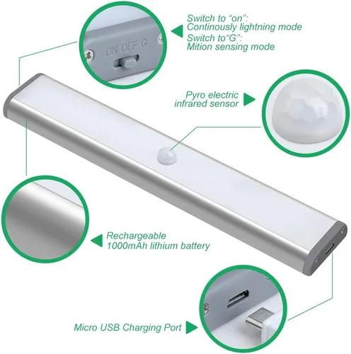 Vista 2 de LEPOTEC Luces LED de cocina debajo del gabinete, sensor de movimiento inalámbrico, luces LED recargables para gabinete, funciona