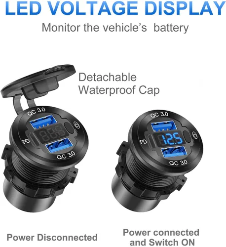 Vista 4 de Cargador de coche de aluminio de 12 V con salida USB de 12 V, puerto dual USB de carga rápida 3.0 y enchufe PD USB C con interruptor voltímetro