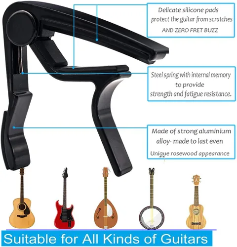 Vista 2 de Guitarra Capo 2 Pack Negro Capo Guitarra Abrazadera para Bajo Eléctrico Acústico Ukelele