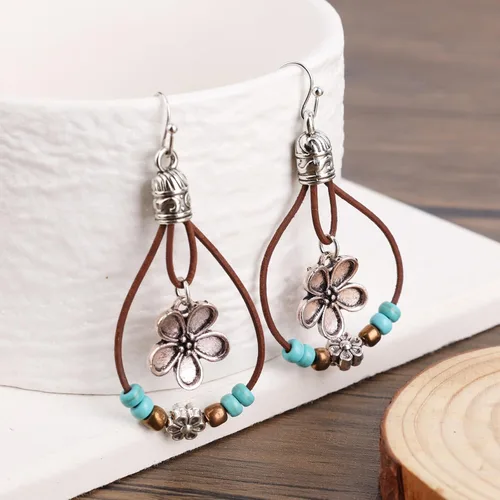 Vista 3 de Boho Flower Earrings,Bohemian Western Leather Dangle Drop Earrings with Nature Stones Vintage Handmade Country Concert Outfits Accessories for Women