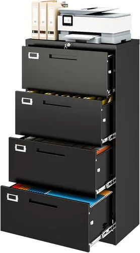 Vista 13 de Archivador de metal con 2 cajones con cerradura, gabinete archivador con soporte para impresora móvil y estantes para archivos de tamaño Negro