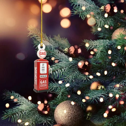 Vista 3 de Adorno de Navidad personalizado con bomba de gas 2025, decoración retro personalizada de árbol de estación de servicio, regalo único de recuerdo