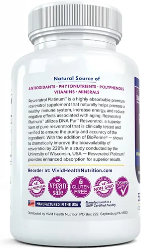 Vista 3 de Suplemento antioxidante de platino Resveratrol: potente fórmula antienvejecimiento con resveratrol trans puro y natural para apoyo inmunológico
