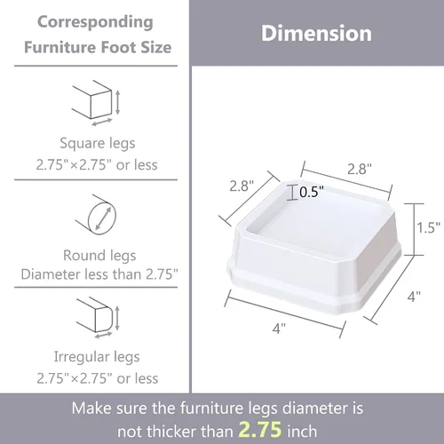 Vista 2 de Elevadores de cama de 1 pulgada, resistentes, paquete de 4 elevadores de muebles de cama, elevadores de 1,500 libras para sofá y mesa, color blanco