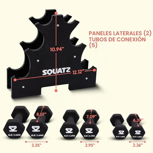 Vista 7 de SQUATZ Juego de mancuernas con soporte, pesas recubiertas de neopreno de 32 libras en color gris, negro y naranja, forma hexagonal antideslizantes