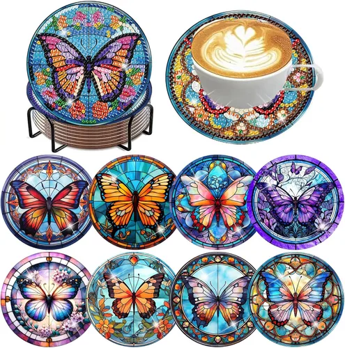 Vista 7 de ijbnhd 8 posavasos de pintura de diamantes de animales, posavasos de arte de diamantes con soporte para principiantes y adultos, suministros