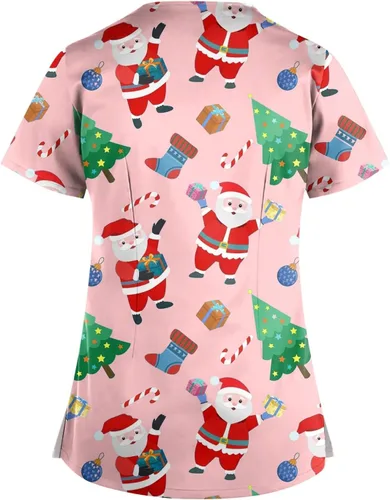 Vista 2 de Ropa quirúrgica de Navidad para mujer, con Papá Noel, elástica, fácil cuidado, overol de enfermería con bolsillo