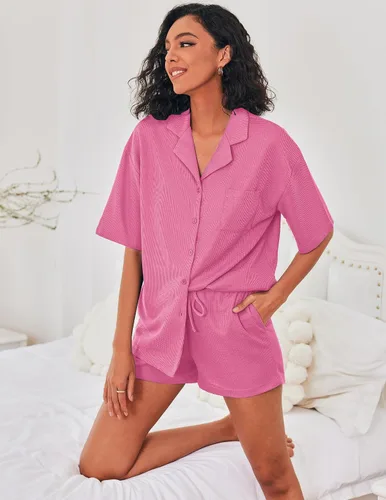 Vista 2 de Ekouaer Conjunto de pijama de 2 piezas para mujer, conjunto de pijama de manga corta