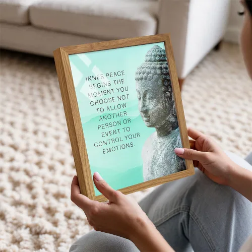 Vista 3 de Impresión artística de estatua de Buda del budismo ENMARCADA - Decoración de pared con cita zen inspiradora y motivacional para baño, hogar