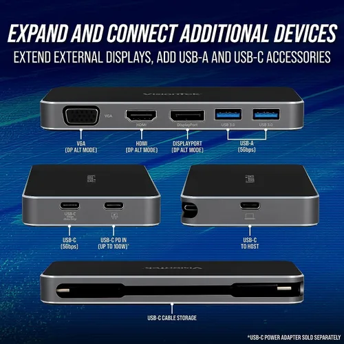 Vista 3 de VisionTek VT210 - Estación de acoplamiento USB-C de doble pantalla con paso de alimentación - DP, HDMI, VGA, 2X USB-A, 1 USB-C para Windows, Mac