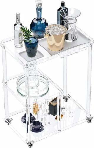 Vista 9 de Dethan Carrito de barra de acrílico – Carrito de servicio transparente de 3 niveles con ruedas bloqueables, moderno carrito de bar transparente