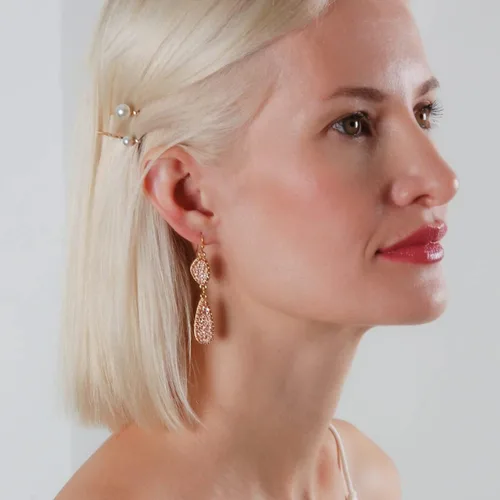 Vista 9 de Humble Chic Aretes largos de gota colgante de imitación, aretes femeninos de doble lágrima con purpurina bohemia, dijes bohemios de piedra de geoda