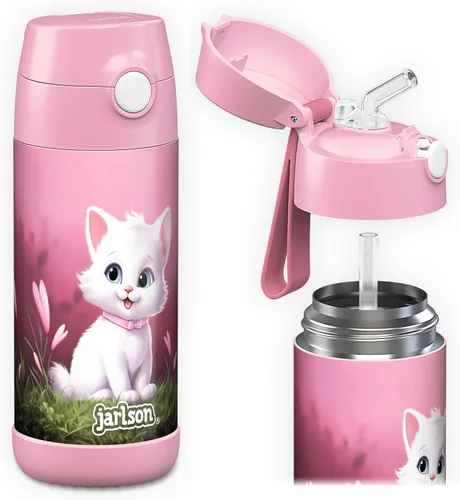 Vista 35 de Jarlson® CHARLI - Botella de agua para niños [12 onzas], botella térmica de acero inoxidable con pajilla, botella de agua aislada a prueba