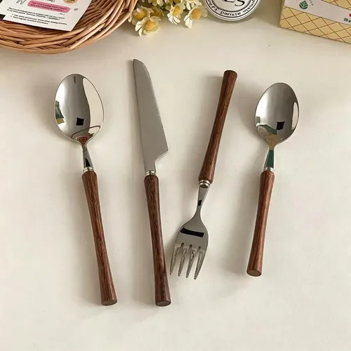 Vista 6 de Juego de cubiertos de madera para 6 cubiertos de acero inoxidable de alta calidad, juego de 30 piezas de cubiertos de madera, incluye cuchillos