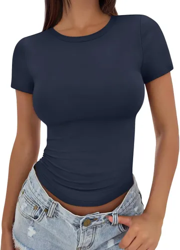 Vista 7 de Trendy Queen - Camisetas básicas para mujer, camisetas de verano, manga corta, ajustadas, linda ropa de entrenamiento para gimnasio