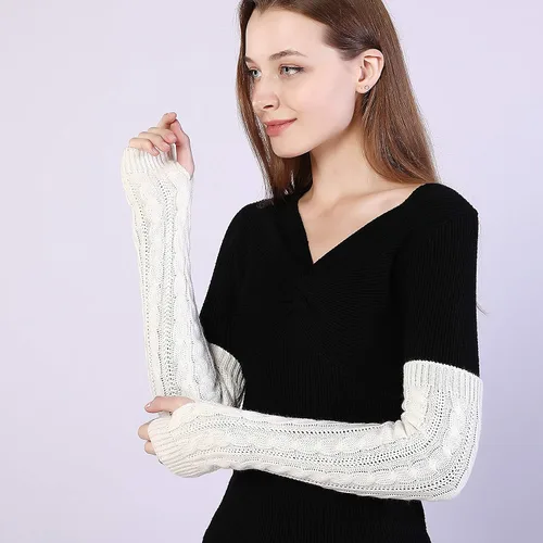Vista 15 de Bellady Guantes de invierno para mujer, cálidos sobre el codo, guantes largos sin dedos con agujero para el pulgar, guantes de punto para calentar
