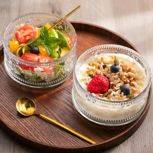 Vista 4 de Cuencos de vidrio para postre, cuenco para servir con cuchara dorada, cuencos para helado de postre, helado, cereales, nueces, pudín