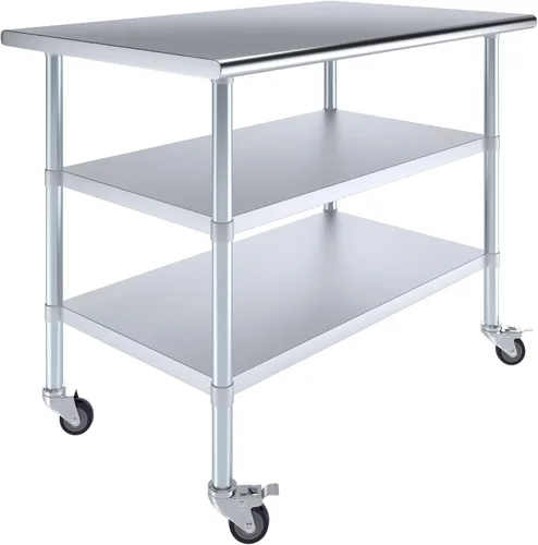 Vista 14 de AmGood Mesa de trabajo de acero inoxidable con 2 estantes y ruedas Mesa de trabajo de metal con ruedas