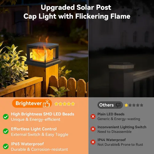 Vista 2 de Paquete de 8 luces solares para exteriores, luces solares impermeables para punta de poste de 4 x 4 con llama parpadeante, luces de poste de alta