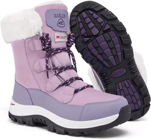 Vista 8 de EARLDE Botas de nieve para mujer impermeables, botas de invierno hasta media pantorrilla, para exteriores, ligeras, cálidas, forradas con piel Todo