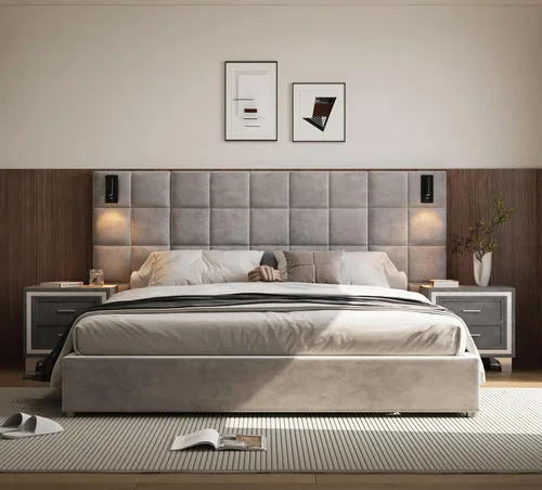 Vista 12 de base de cama de plataforma tamaño queen con 1 mesita de noche de conjunto 1+1, elegante cama tapizada de terciopelo con cabecero acolchado