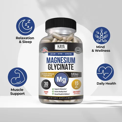Vista 4 de Kaya Naturals Glicinato de magnesio 183 mg por cápsula, quelado para una máxima absorción, sin OMG, sin gluten, lácteos y soja, apoya la salud