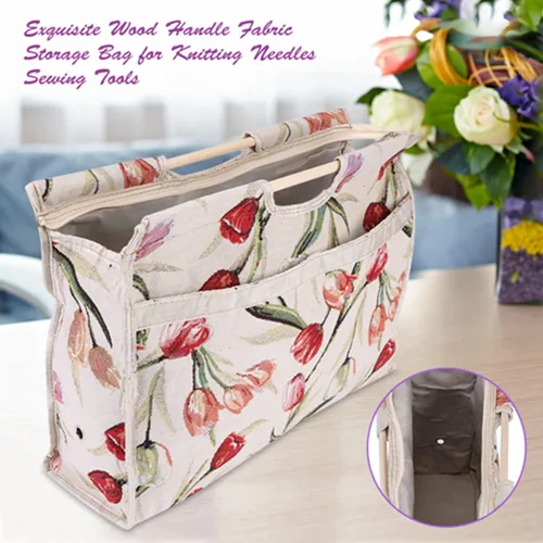 Vista 2 de Bolsa de tejer, bolsa de almacenamiento de hilo plegable de ganchillo con mango de madera con cremallera para ganchos de ganchillo, accesorios
