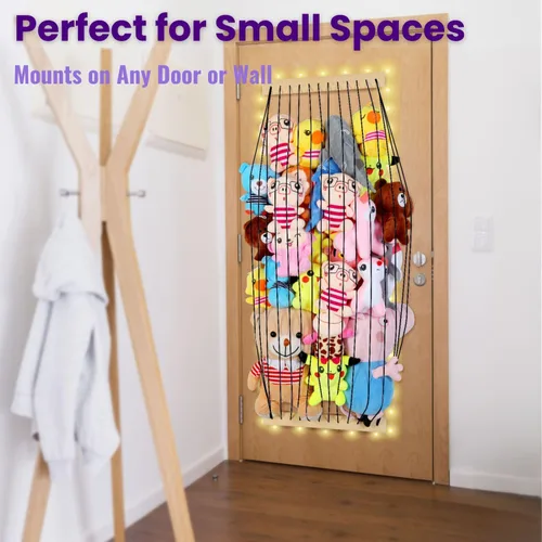 Vista 5 de Almacenamiento de animales de peluche de madera suave para habitación de los niños, soporte de pared para colgar en la puerta, organizador