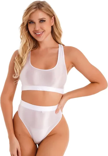 Vista 3 de MSemis Brasier deportivo de seda de aceite para mujer, 2 piezas, de cintura alta, tanga, yoga, entrenamiento, fitness, traje atlético