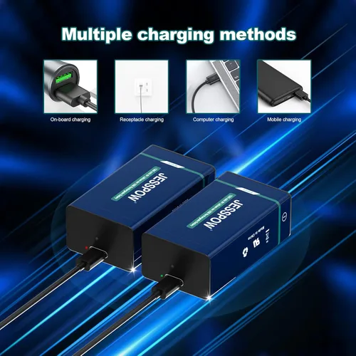 Vista 5 de Paquete de 8 baterías recargables de 9 voltios, recargables por USB, batería de litio de alta capacidad de 1300 mAh 9 V con cable de carga tipo C
