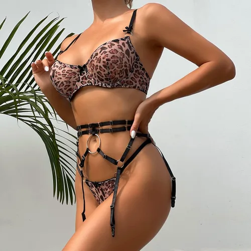 Vista 3 de Conjunto de lencería de liguero de leopardo para mujer, conjunto de brasier y braga sexy con liguero, 3 piezas