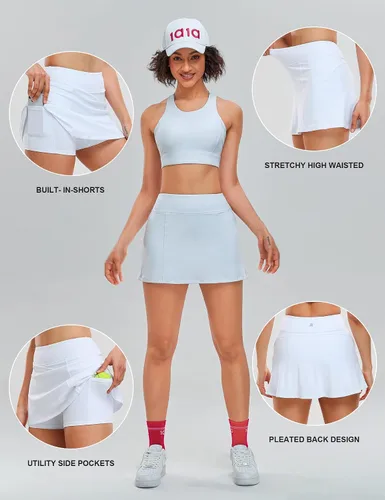 Vista 3 de 1a1a Falda de tenis blanca de 15 pulgadas para mujer faldas de golf con pantalones cortos y bolsillos para mujer cintura alta pantalones cortos