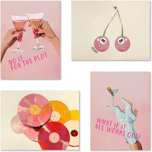 Vista 8 de JUIOEIU Juego de 4 impresiones artísticas de pared de barra rosa retro de moda, disco de vinilo vintage de la suerte de 8 bolas, pósteres artísticos