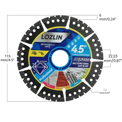 Vista 2 de LOZLIN Paquete de 3 Hojas de Sierra Multiusos de Diamante de 4.5" - Discos de Amoladora Angular de Servicio Pesado para Cortar