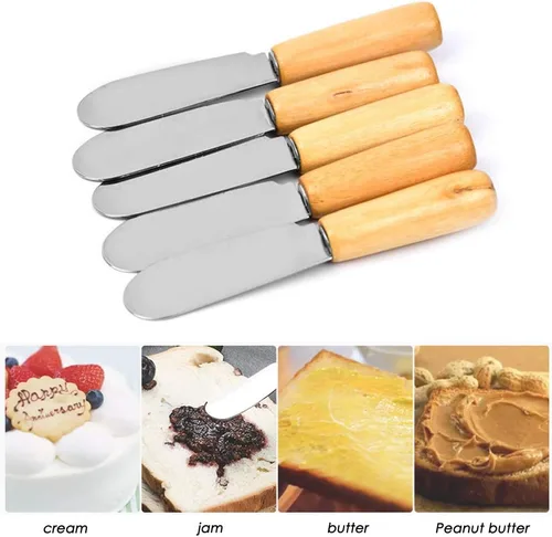 Vista 4 de DaKuan Esparcidor de mantequilla con mango de madera, 4 pulgadas, cuchillos para condimentos de queso crema, juego de 6