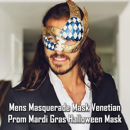Vista 4 de Luxury Mask Máscara de mascarada para hombre, diseño vintage a cuadros musicales para Mardi Gras, baile de graduación y fiesta de máscaras