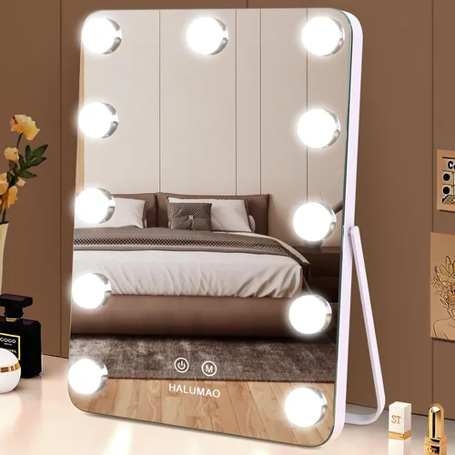 Vista 8 de halumao Espejo de tocador con luces, espejo de maquillaje iluminado de 14.5 pulgadas, espejo de maquillaje LED con luces para mesa de dormitorio