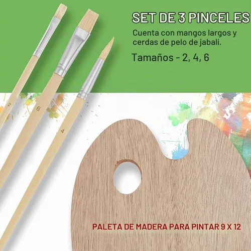 Vista 4 de US Art Supply - Set de paleta de madera con 6 unidades de acrílico y set de 3 unidades de brochas.