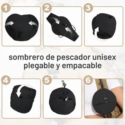 Vista 4 de Packable Bucket Hat for Women Waterproof UV Protection Sun Hat Negro