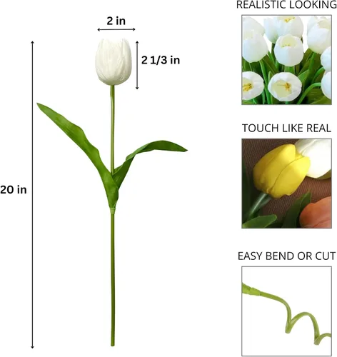 Vista 3 de Real Touch Mesa Tulipán Flores Artificiales Tallo Floral 6 piezas, Decoración del Hogar, Comedor, Sin Jarrón 6 Piezas (blanco)