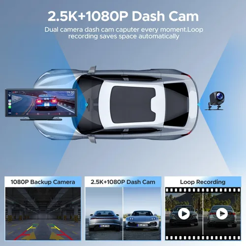 Vista 3 de Topexplore Pantalla Carplay de 9.26 pulgadas con cámara de tablero de 2.5K y cámara de respaldo 1080P