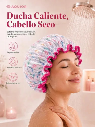 Vista 6 de Aquior Gorro de ducha para mujer, impermeable, reutilizable, con elástico suave, tamaño grande para cabello largo, bonito gorro de baño para ducha