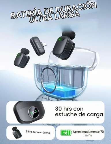 Vista 3 de Mini micrófono de solapa inalámbrico para iPhone y Android, micrófonos de clip dual con funda de carga de 30 horas, cancelación de ruido