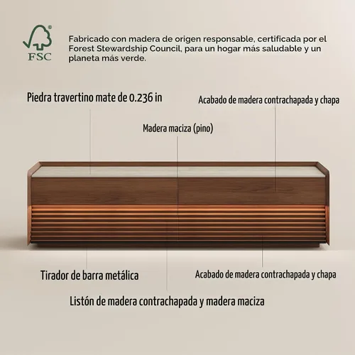 Vista 6 de POVISON Soporte de TV completamente ensamblado de mediados de siglo de piedra sinterizada mate, consola multimedia de madera de 70.87" con luz LED