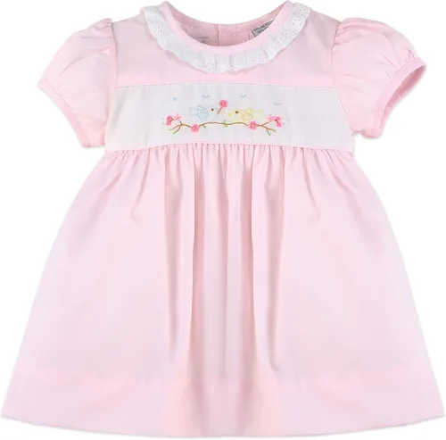 Vista 3 de Vestido clásico fruncido a mano para bebé niña - Pink Spring Birds, 9M, Rosado