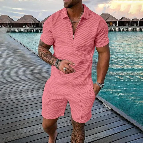 Vista 2 de Conjunto corto de 2 piezas para hombre, conjunto de camisa polo y pantalones cortos, conjunto deportivo casual de verano de moda, conjunto deportivo