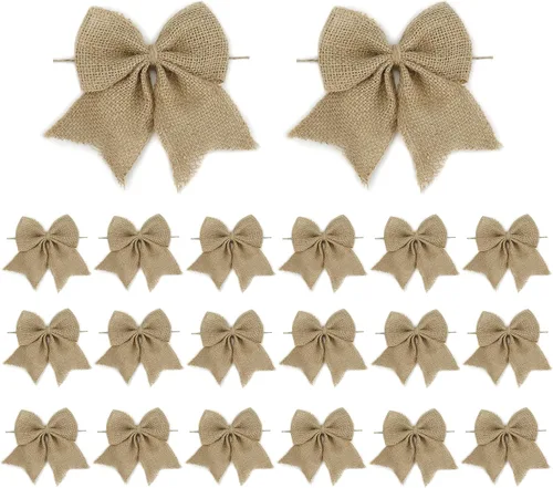 Vista 11 de AIMUDI Lazos de encaje de arpillera natural de 4 pulgadas, lazos rústicos de arpillera para decoración de árbol de Navidad, lazos de boda de encaje