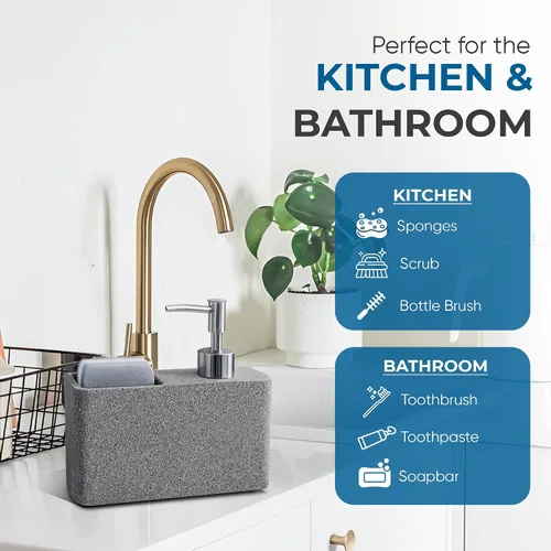 Vista 8 de Havara - Dispensador de jabón para platos de resina de granito con soporte para esponja, gris piedra Kitchen Soap Dispenser & Sink Organizer for